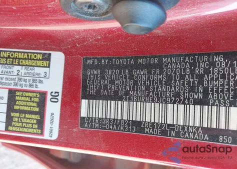 2018 Toyota Corolla Le z USA, uszkodzony, nr VIN 2T1BURHE9JC972740